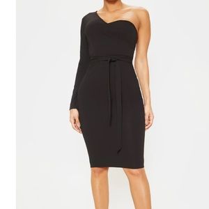 Black One Shoulder Tie Waist Midi Dress